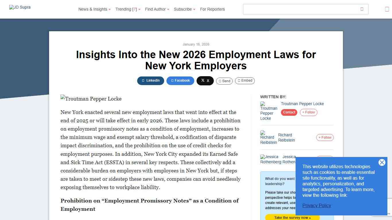 Insights Into the New 2026 Employment Laws for New York Employers | Troutman Pepper Locke - JDSupra