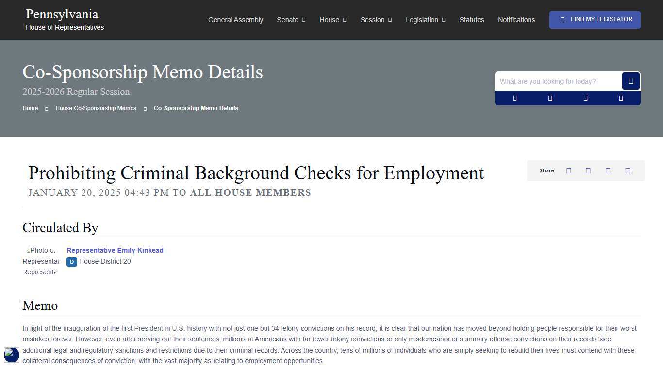 House Co-Sponsorship Memo 45152 Information; 2025-2026 Regular Session - PA House of Representatives